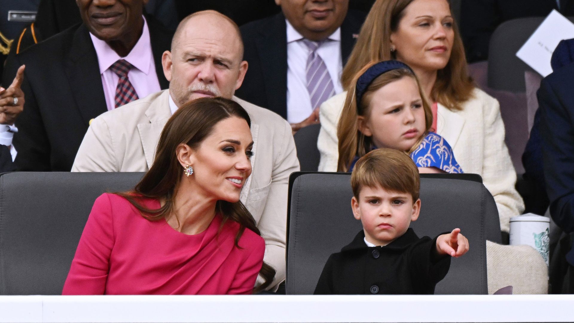 Kate Middleton and Mia Tindall with Prince Louis and Mike Tindall at the Platinum Jubilee concert