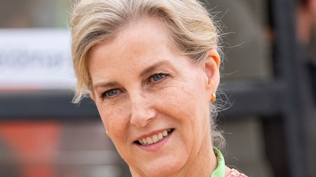 Sophie, Duchess of Edinburgh in floral dress with lanyard