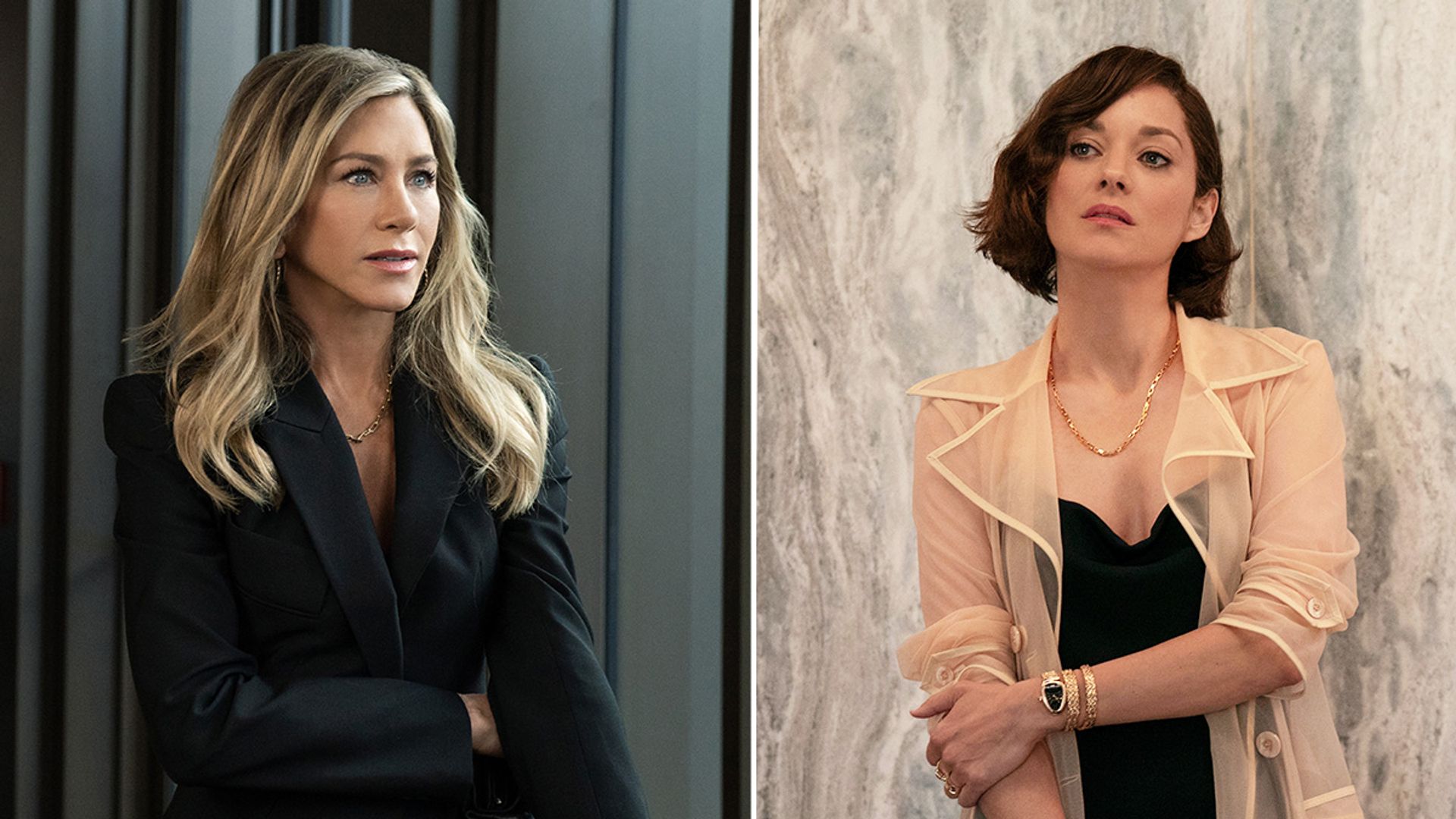 split image, blonde woman in black suit, brunette woman in sheer shirt