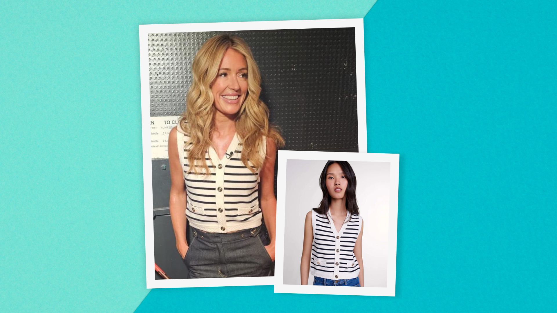 split image cat deeley and model in knitted stripe waistcoat 