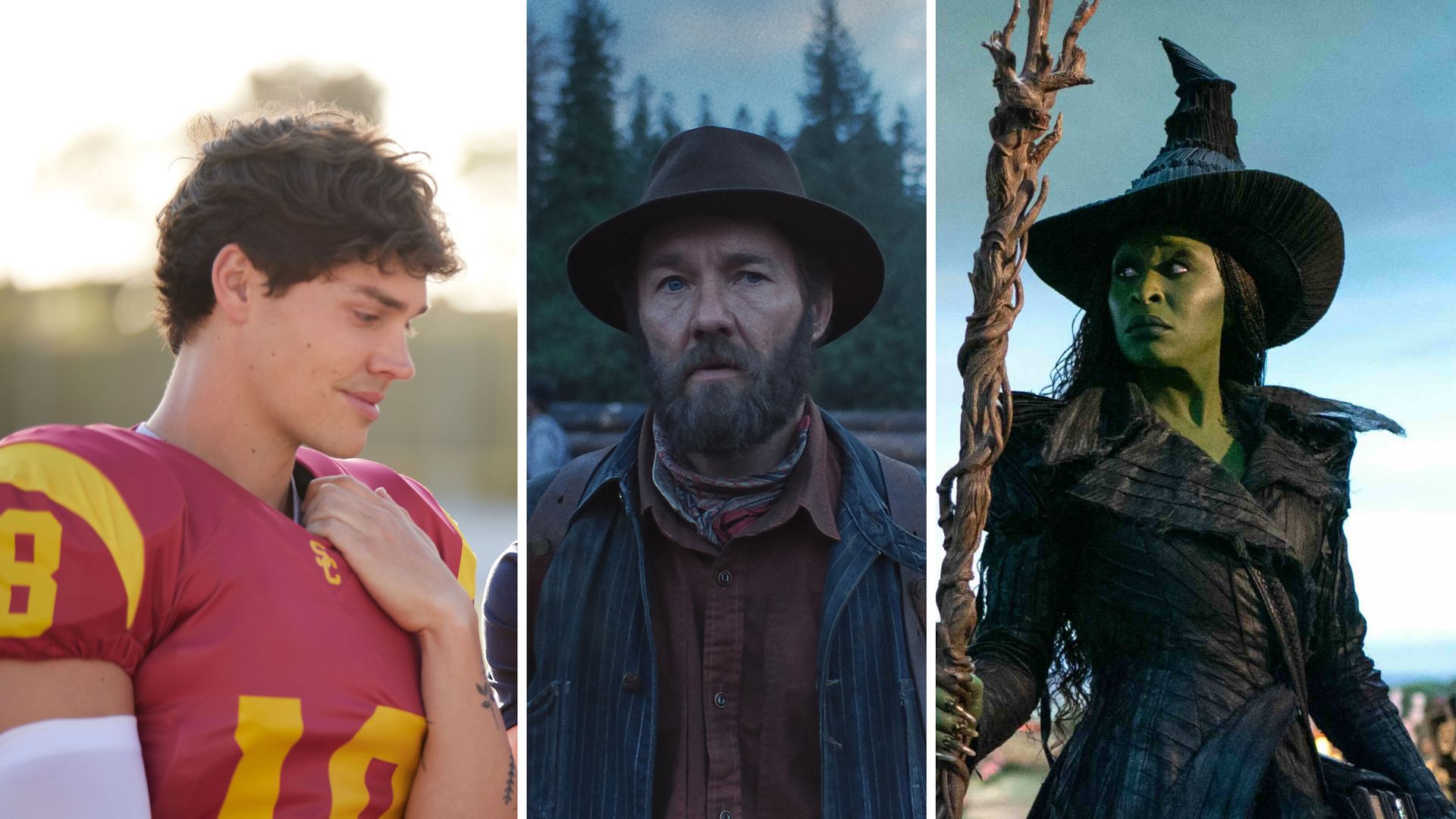 Stills from Sidelined, Train Dreams, and Wicked