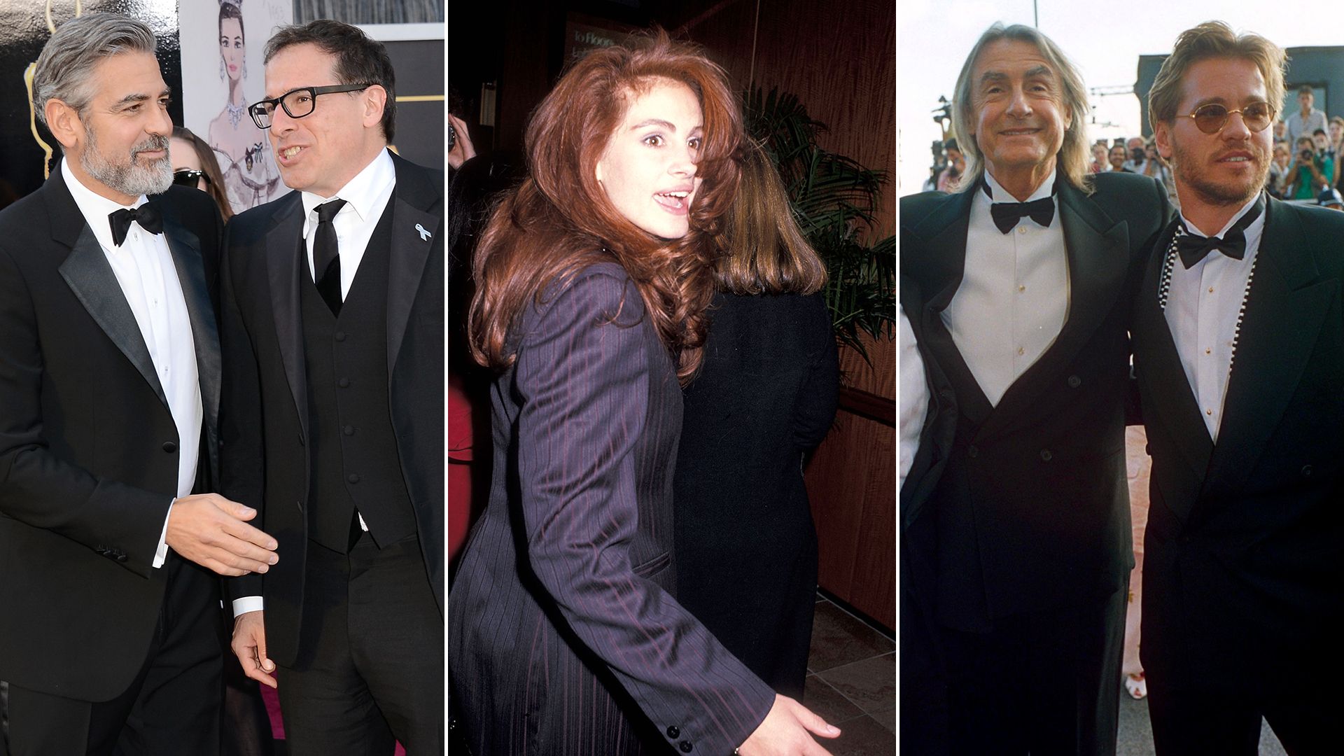 Split image. First - George Clooney with David O. Russell. Second – Julia Roberts at Steel Magnolias premiere. Third - Joel Schumacher and Val Kilmer 