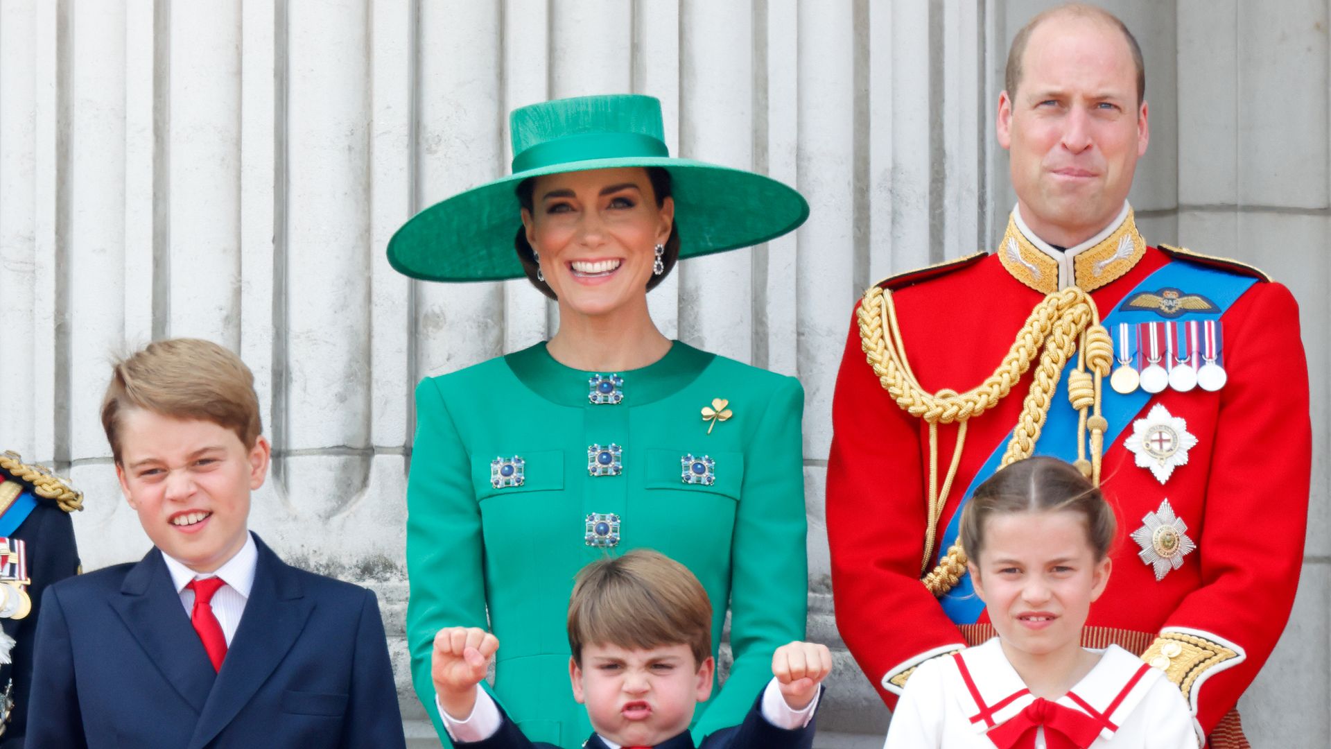 Prince George of Wales, Prince Louis of Wales, Catherine, Princess of Wales (Colonel of the Irish Guards), Princess Charlotte of Wales and Prince William, Prince of Wales (Colonel of the Welsh Guards) watch an RAF flypast from the balcony of Buckingham Palace during Trooping the Colour on June 17, 2023 in London, England. Trooping the Colour is a traditional military parade held at Horse Guards Parade to mark the British Sovereign's official birthday. It will be the first Trooping the Colour held for King Charles III since he ascended to the throne. (Photo by Max Mumby/Indigo/Getty Images)