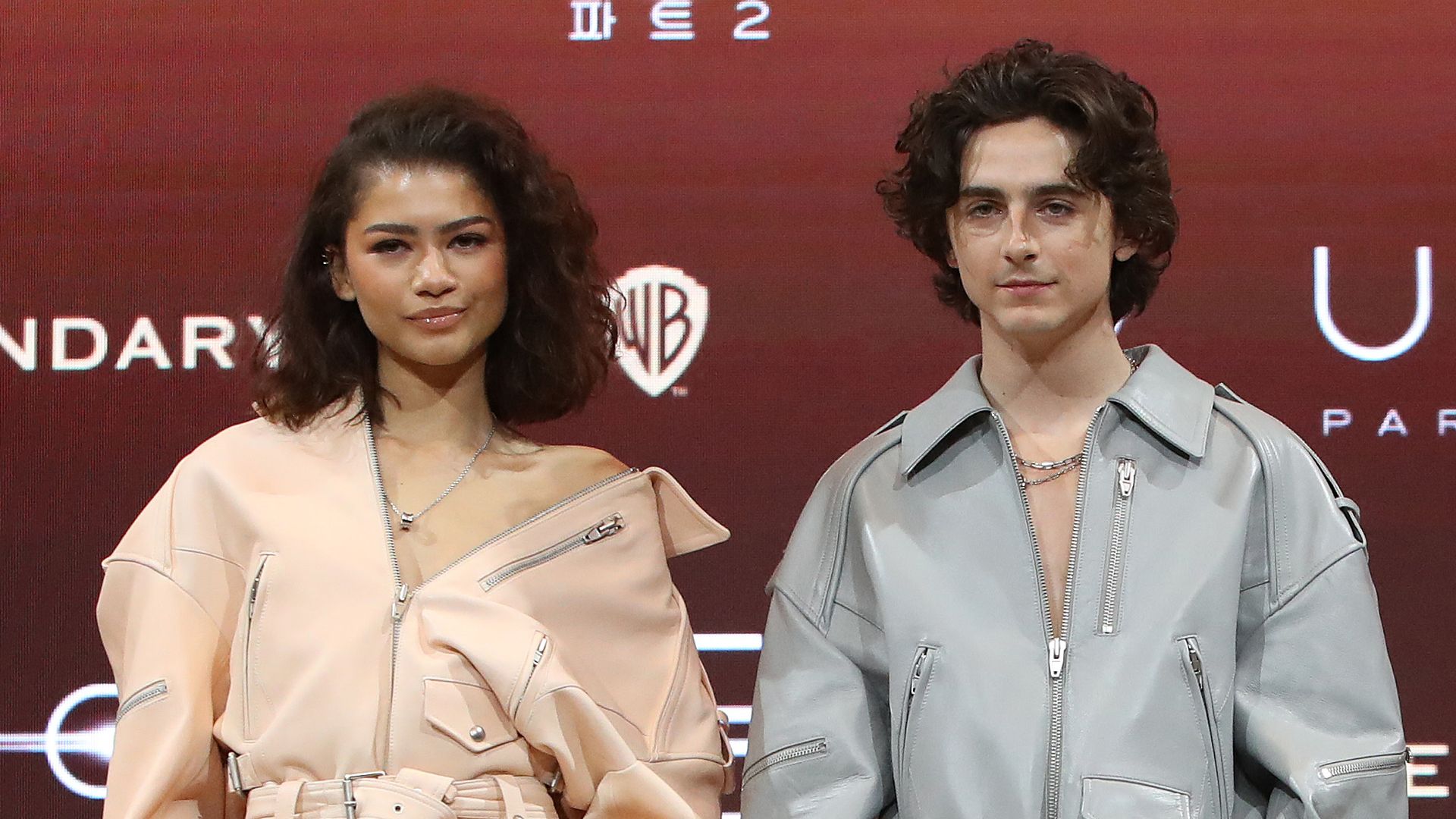 SEOUL, SOUTH KOREA - FEBRUARY 21: (L-R) Zendaya and Timothee Chalamet attend the press conference for "Dune: Part Two" on February 21, 2024 in Seoul, South Korea. (Photo by Chung Sung-Jun/Getty Images)