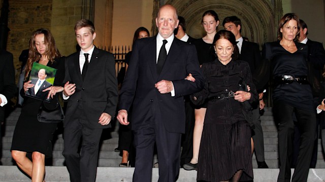 Princess Miriam, Prince Beltran, King Simeon of Bulgaria, Queen Margarita Gomez-Acebo of Bulgaria and Princess Kalina of Bulgaria leaving a memorial service