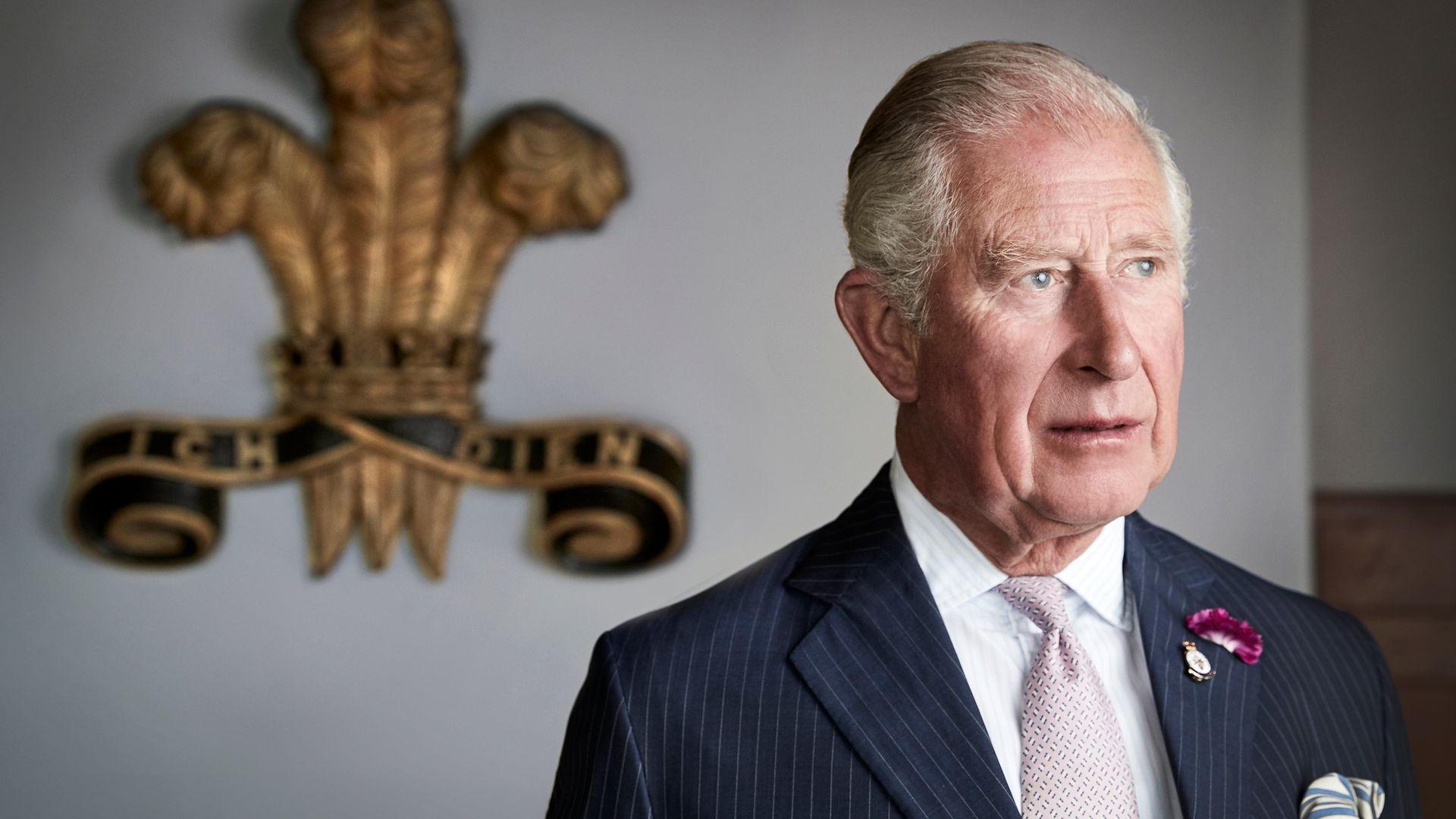 King Charles poses for an official portrait to mark the 50th anniversary of his investiture taken at their Welsh residence Llwynywormwood in 2019