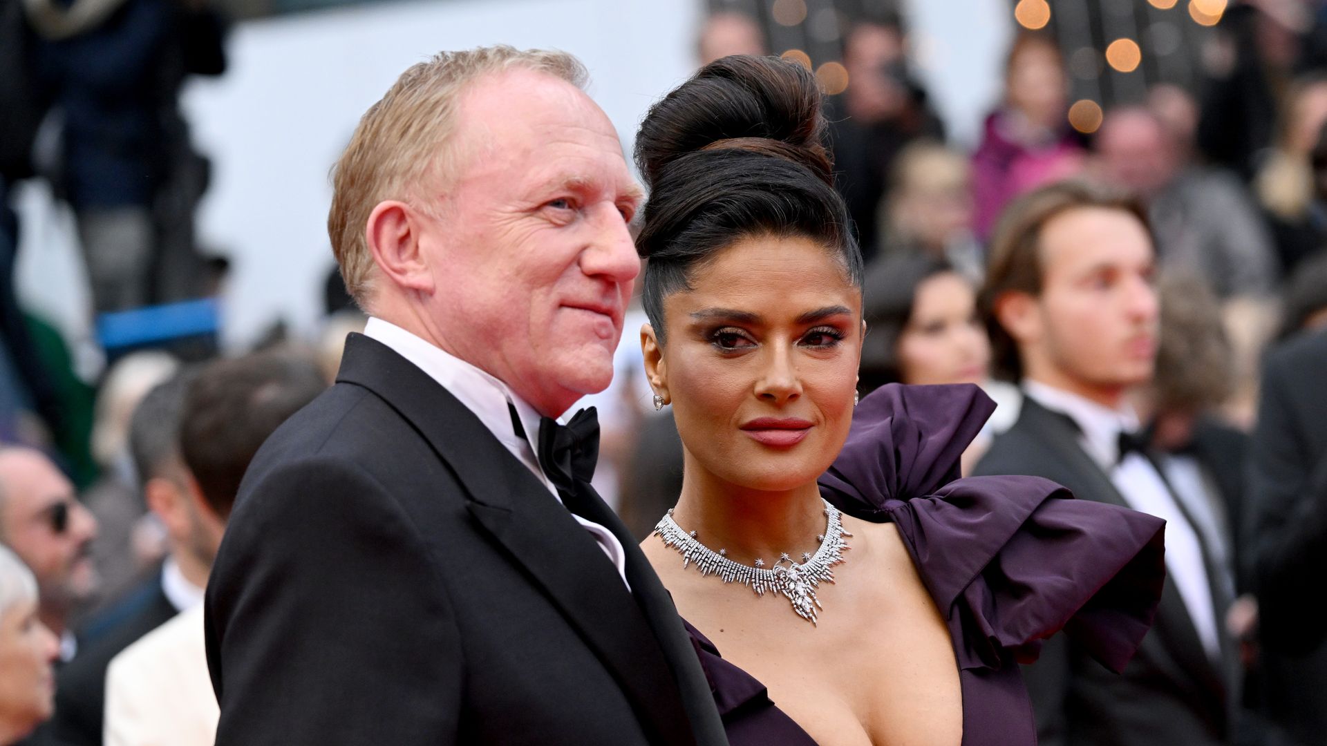 François-Henri Pinault and Salma Hayek attend the "Killers Of The Flower Moon" red carpet during the 76th annual Cannes film festival at Palais des Festivals on May 20, 2023 in Cannes, France