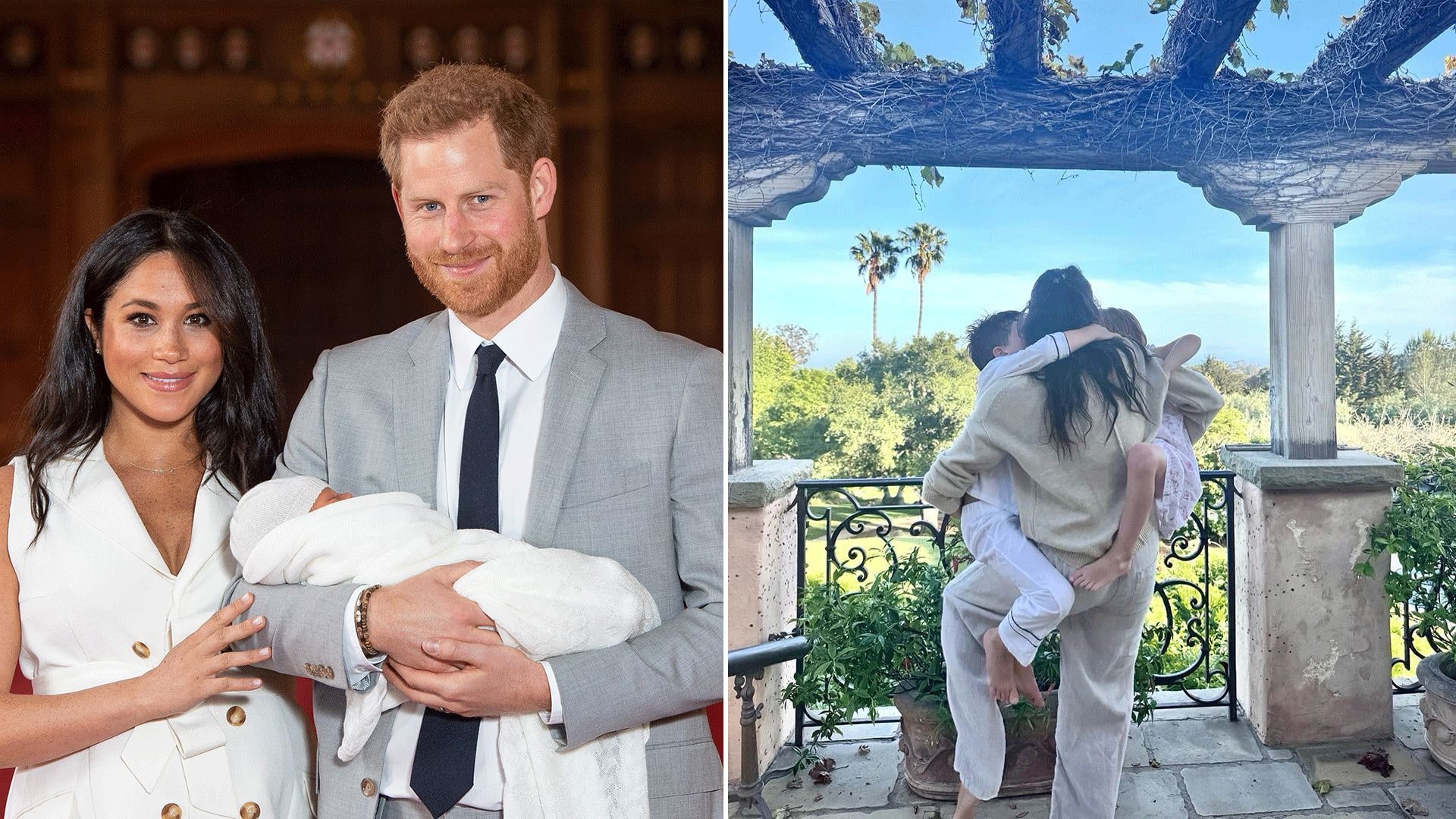 harry holding newborn Prince Archie beside meghan split with outside photo of meghan, archie and lilibet from behind