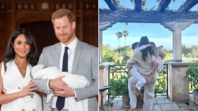 harry holding newborn Prince Archie beside meghan split with outside photo of meghan, archie and lilibet from behind