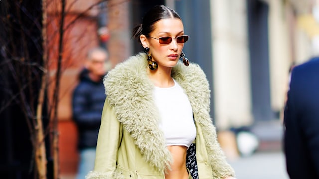 bella hadid in green fluffy coat