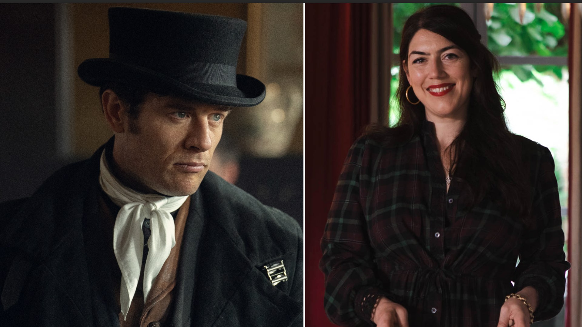 A split image of James Norton wearing a tophat and Amber Guinness