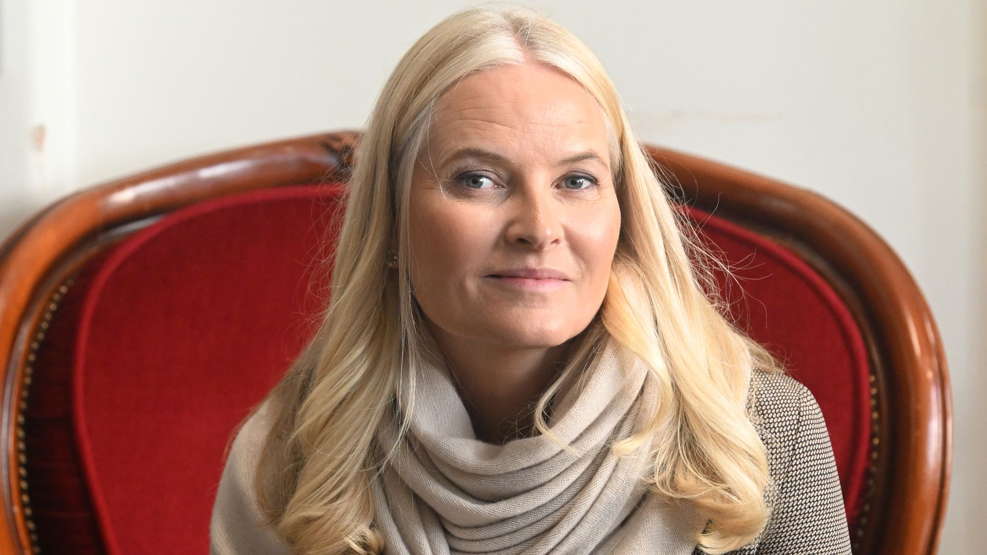 Crown Princess Mette-Marit wearing scarf and coat