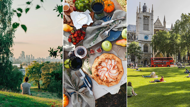 man sat on primrose hill, beside flat lay photo of picnic spread and people on grass outside parliament with red bus in view