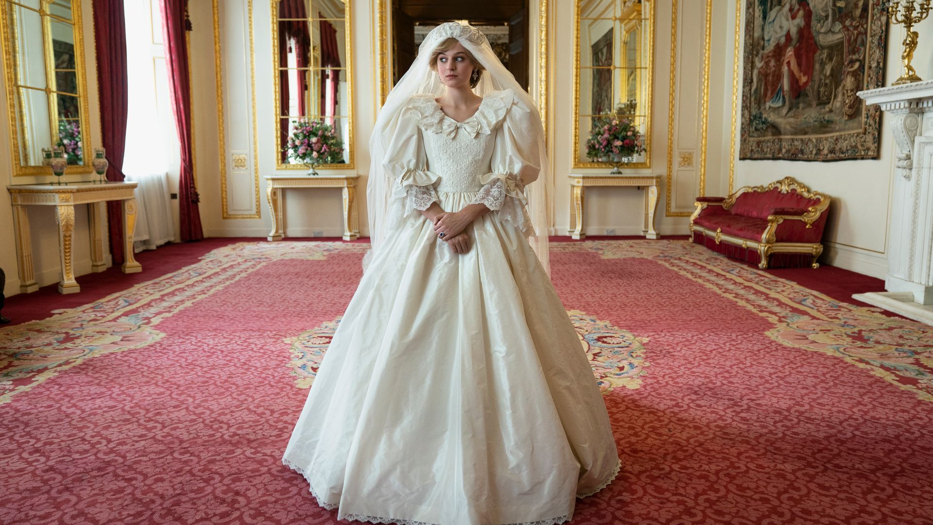Emma Corrin as Princess Diana in wedding dress