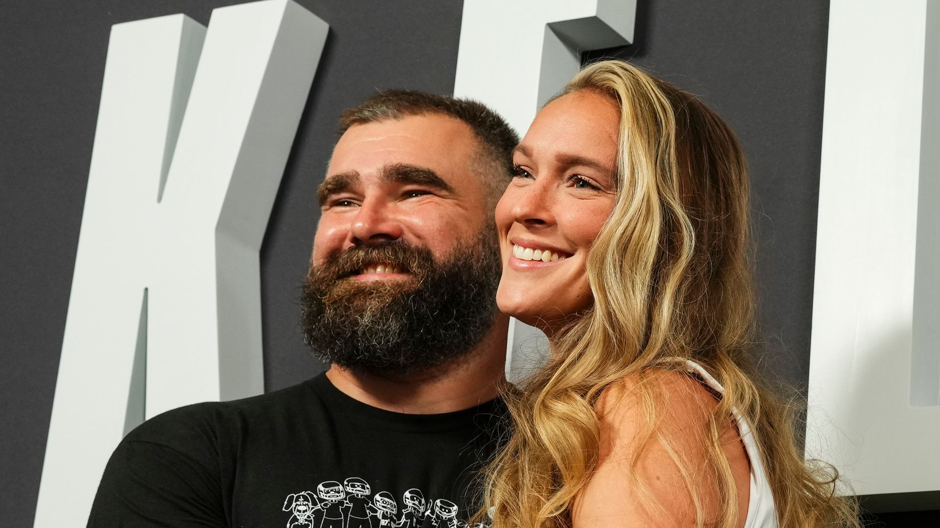 Jason Kelce poses for a photo with Kylie Kelce during the Kelce documentary premiere at Suzanne Roberts Theater on September 8, 2023 in Philadelphia