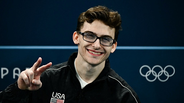 US' Stephen Nedoroscik makes a peace sign during the artistic gymnastics men's qualification during the Paris 2024 Olympic Games at the Bercy Arena in Paris, on July 27, 2024