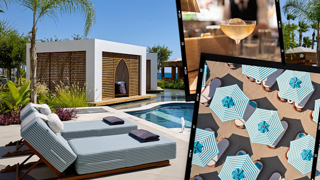 collage of three pictures, including blue striped sun loungers by a pool, blue striped open umbrella and a cocktail on a bar  