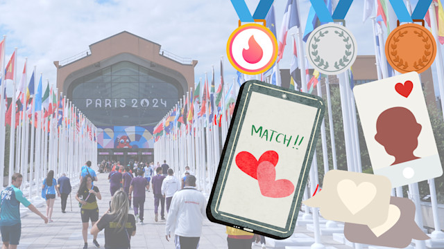 An image of the Olympic Village featuring dating app graphics