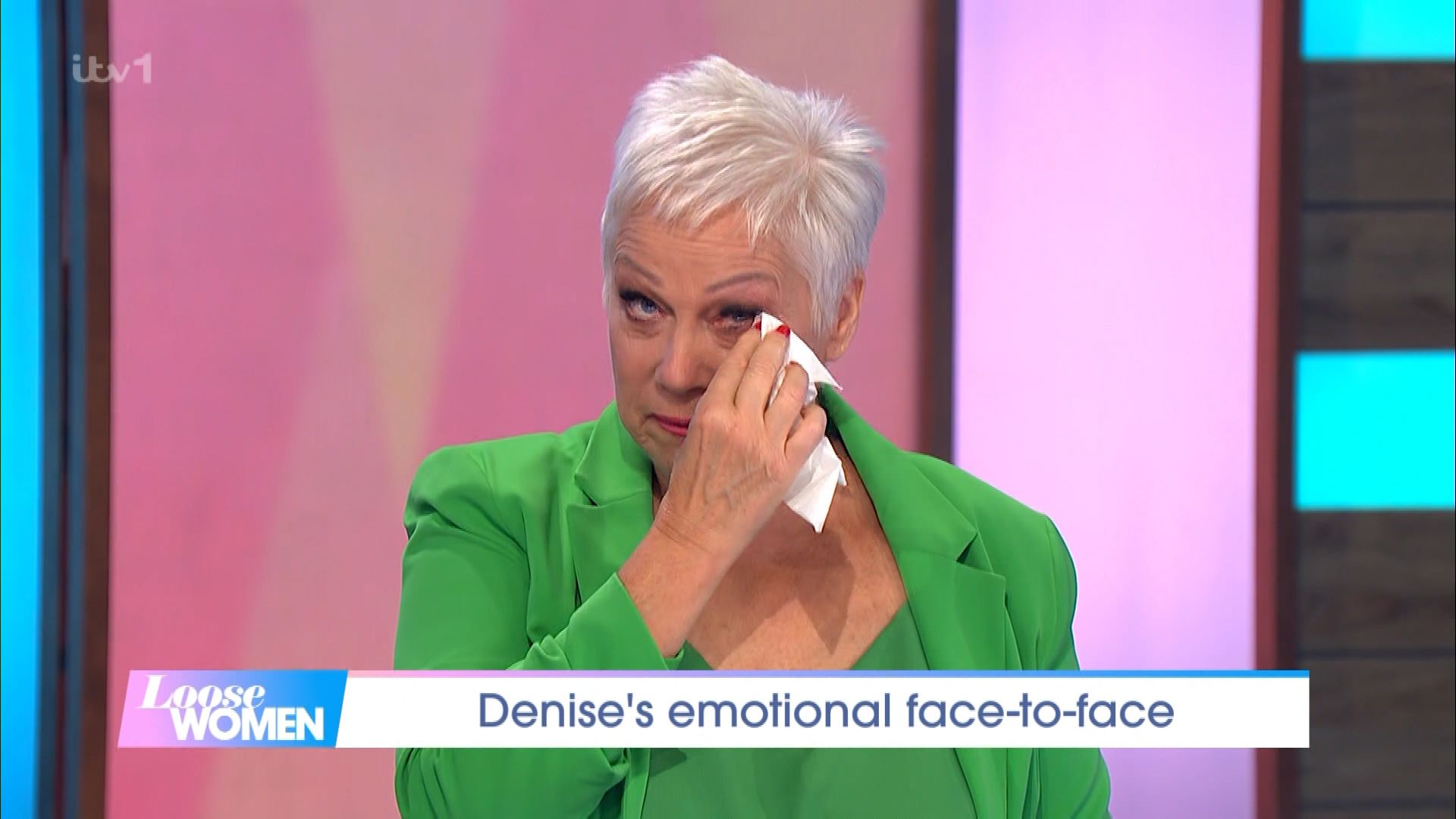 Denise Welch wiping tear with handkerchief on Loose Women