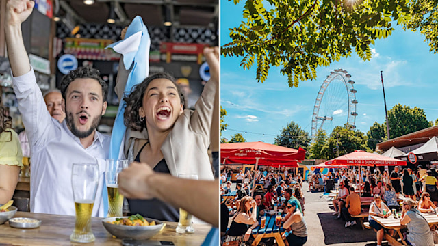 football fans cheering split with pub garden