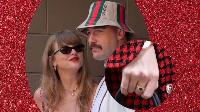 collage of taylor swift and travis kelce on a red sparkling background with a close up on her new ring for him 