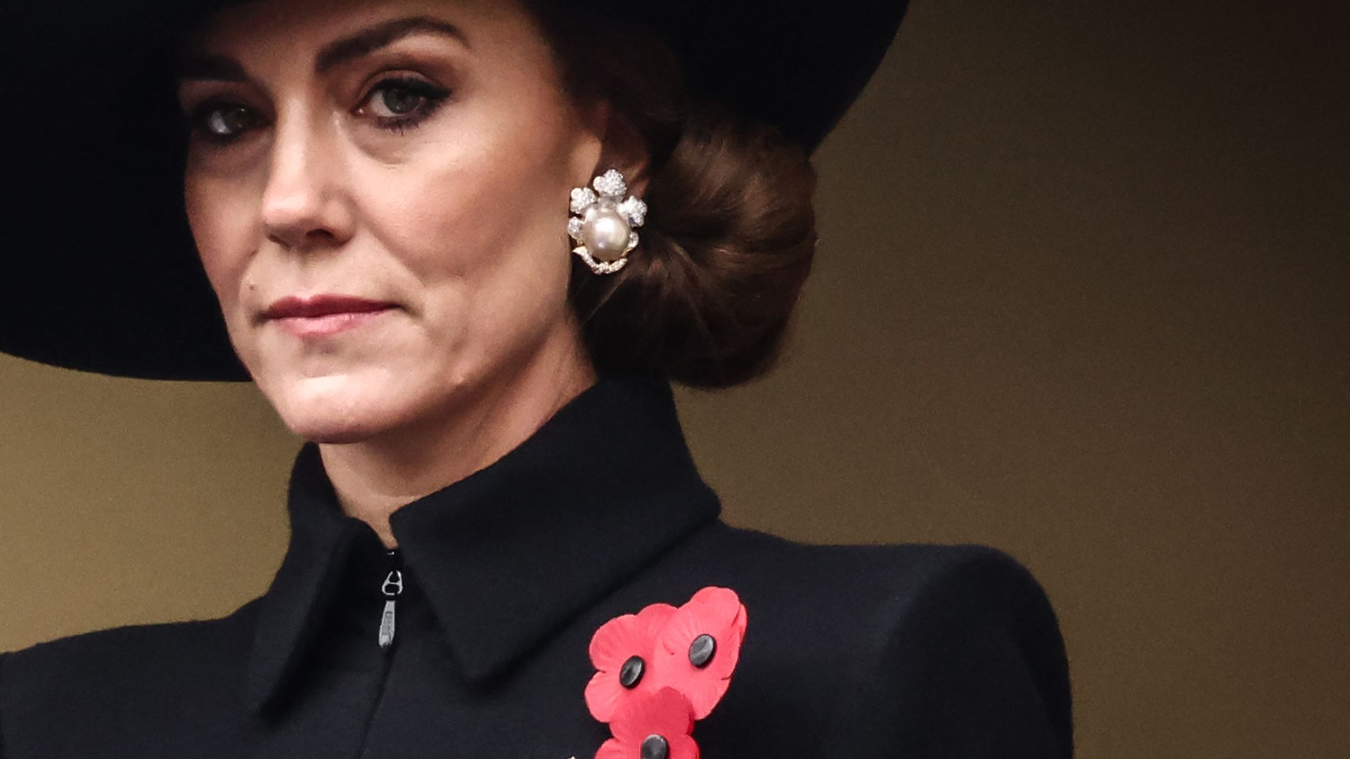 Britain's Catherine, Princess of Wales reacts as she attends the Remembrance Sunday ceremony at the Cenotaph on Whitehall in central London, on November 12, 2023.