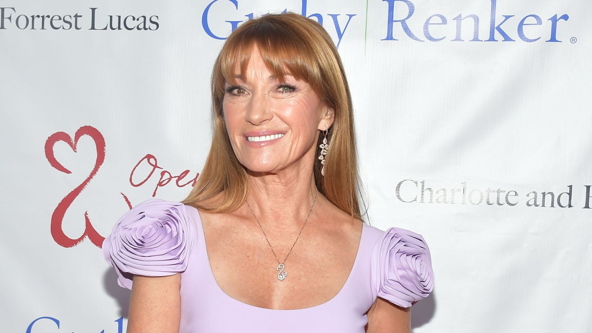 jane seymour wearing purple dress