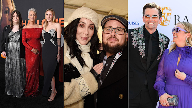 Split image of Jamie Lee Curtis and her daughters with Cher and Chaz Bono and David and Georgia Tennant