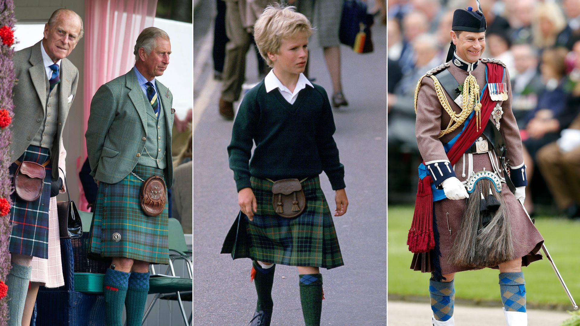 Prince Philip, King Charles, Peter Phillips and Prince Edward wearing kilts