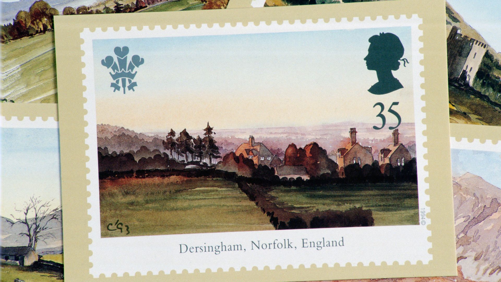 A set of commemorative stamps featuring King Charles's painting of Dersingham