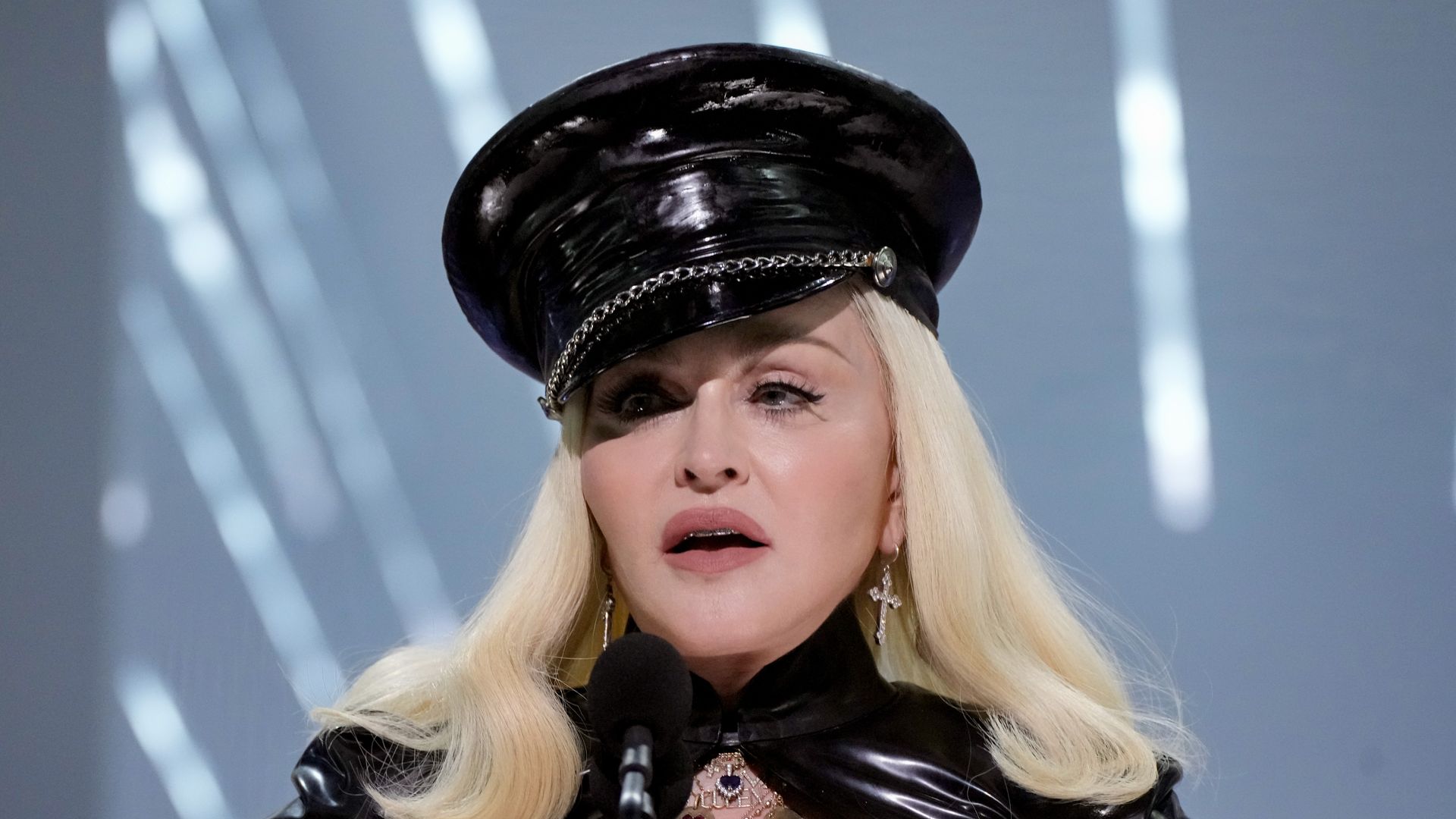 Madonna on stage in PVC