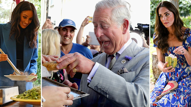 Meghan Markle, King Charles and Princess Kate eating food