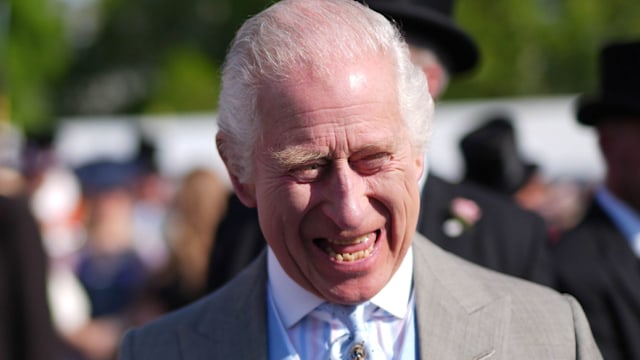 King Charles III speaks to guests attending a Royal Garden Party at Buckingham Palace on May 8, 2024 in London, England.