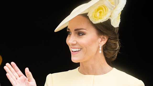 The Princess of Wales wearing a yellow dress and hat as she attends the National Service of Thanksgiving at St Paul's Cathedral 