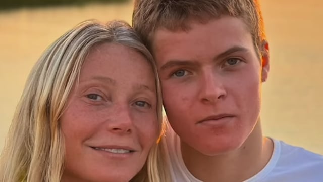 Still from a video shared by Gwyneth Paltrow on Instagram summer 2024 in which she is posing next to her son Moses Martin by the water at sunset