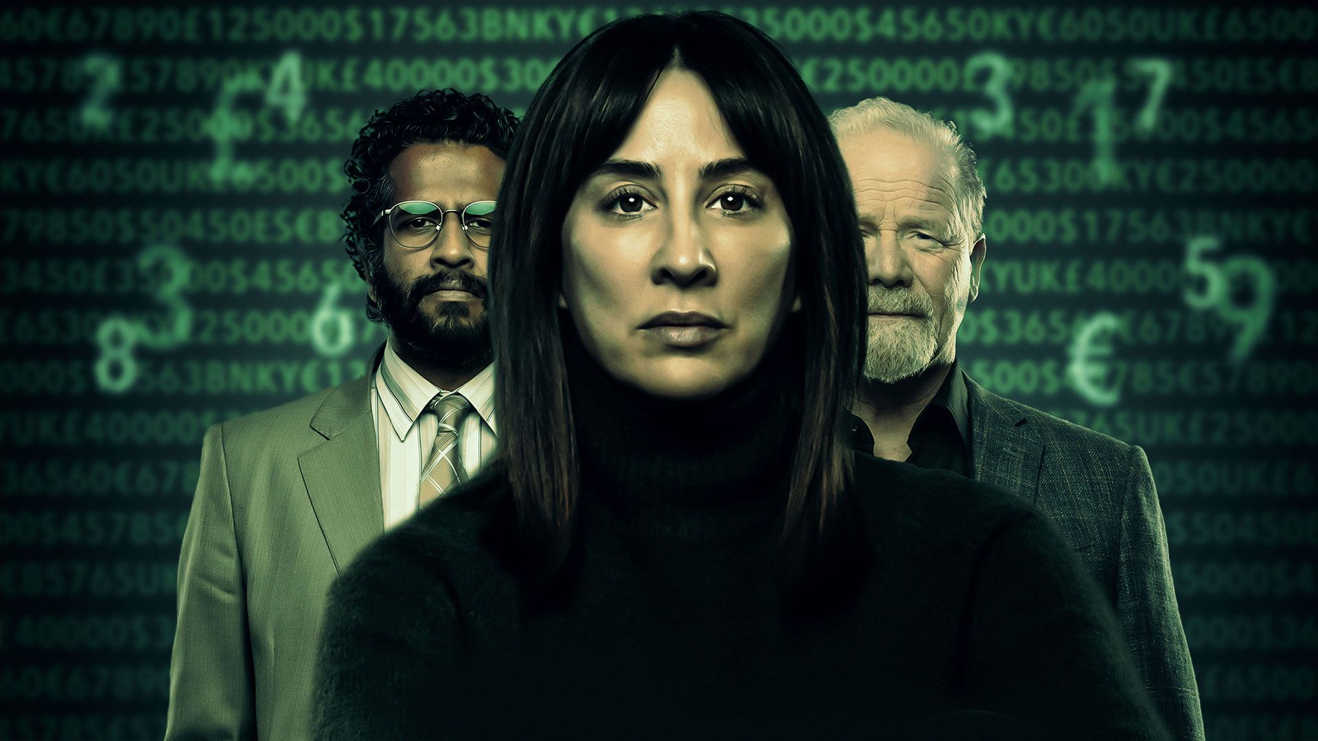 Morven Christie, Peter Mullan and Prasanna Puwanarajah on the poster for Payback. 