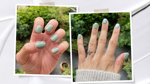 Sage green BIAB nails 