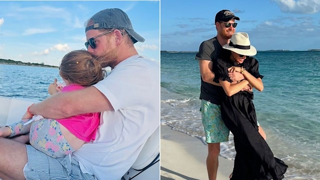 Prince Harry hugging daughter Princess Lilibet and wife Meghan Markle Sussex