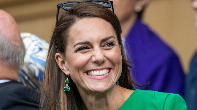 Kate Middleton, in the Royal Box at Wimbledon wearing a green dress in 2023