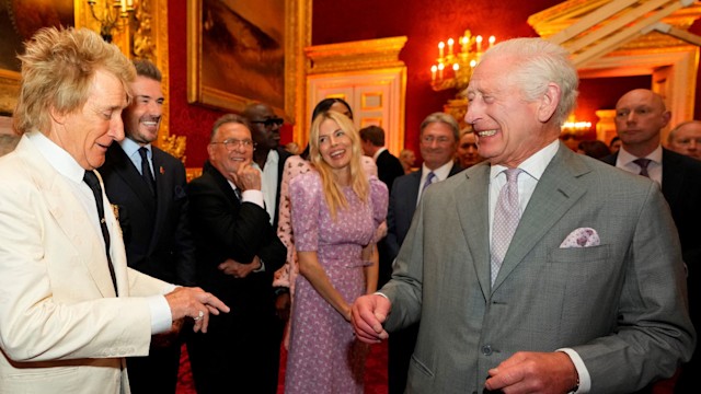 Sir Rod Stewart, David Beckham and Sienna Miller sharing a laugh with the KIng