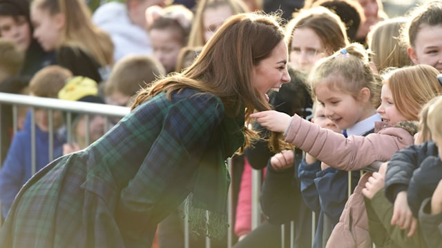 Kate Middleton meets school children outside a community centre in Dundee, Scotland in 2019
