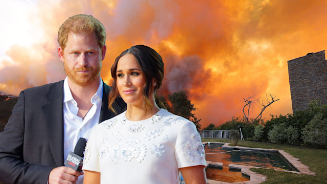 Picture of Harry and Meghan in front of second picture of burning home