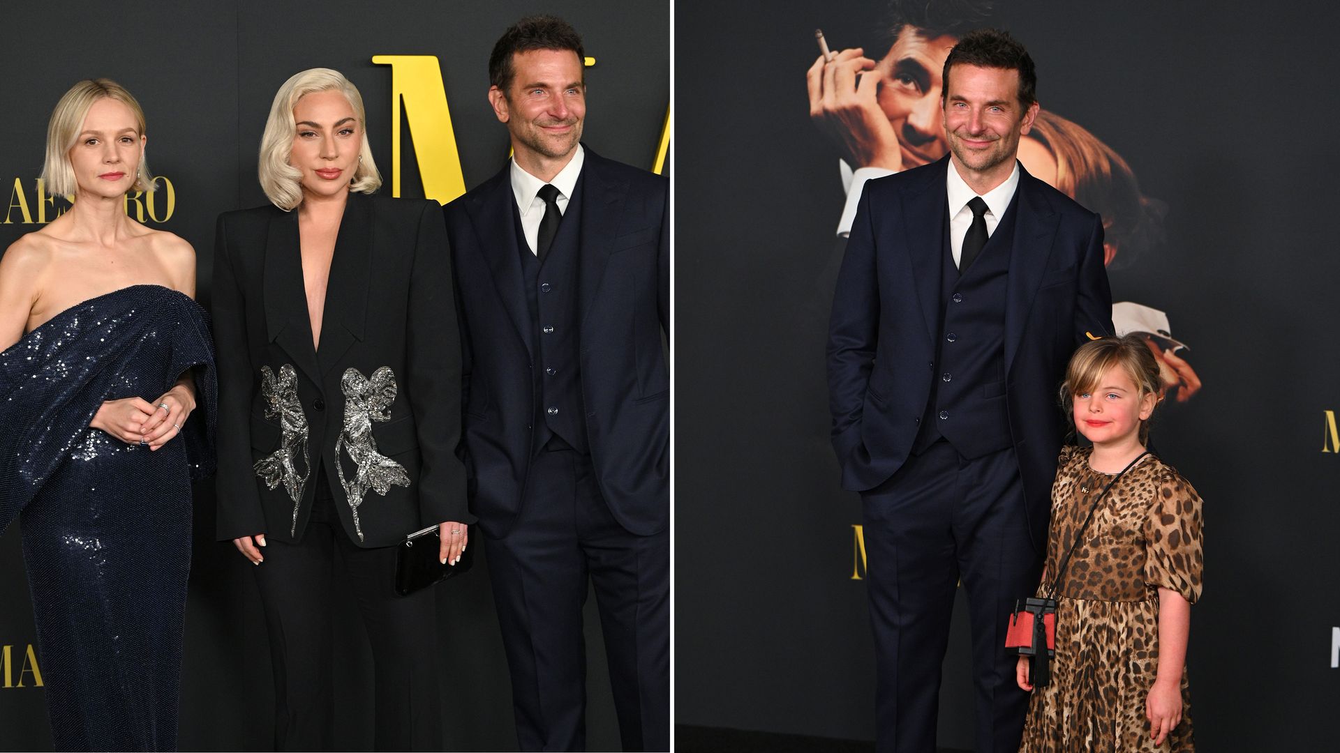 Bradley Cooper with his daughter and Lady Gaga and Carey Mulligan during the Maestro premiere