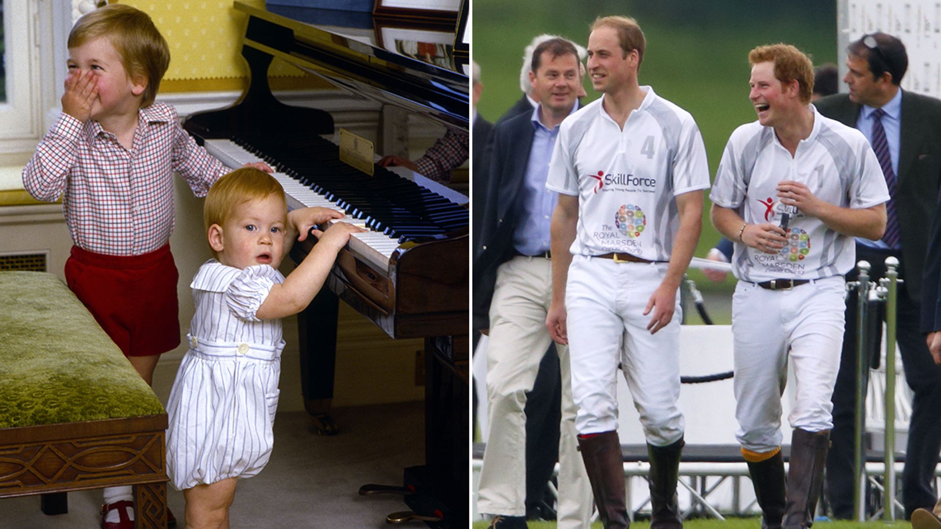 Split image of William and Harry as childre nand the pair walking together at a polo match