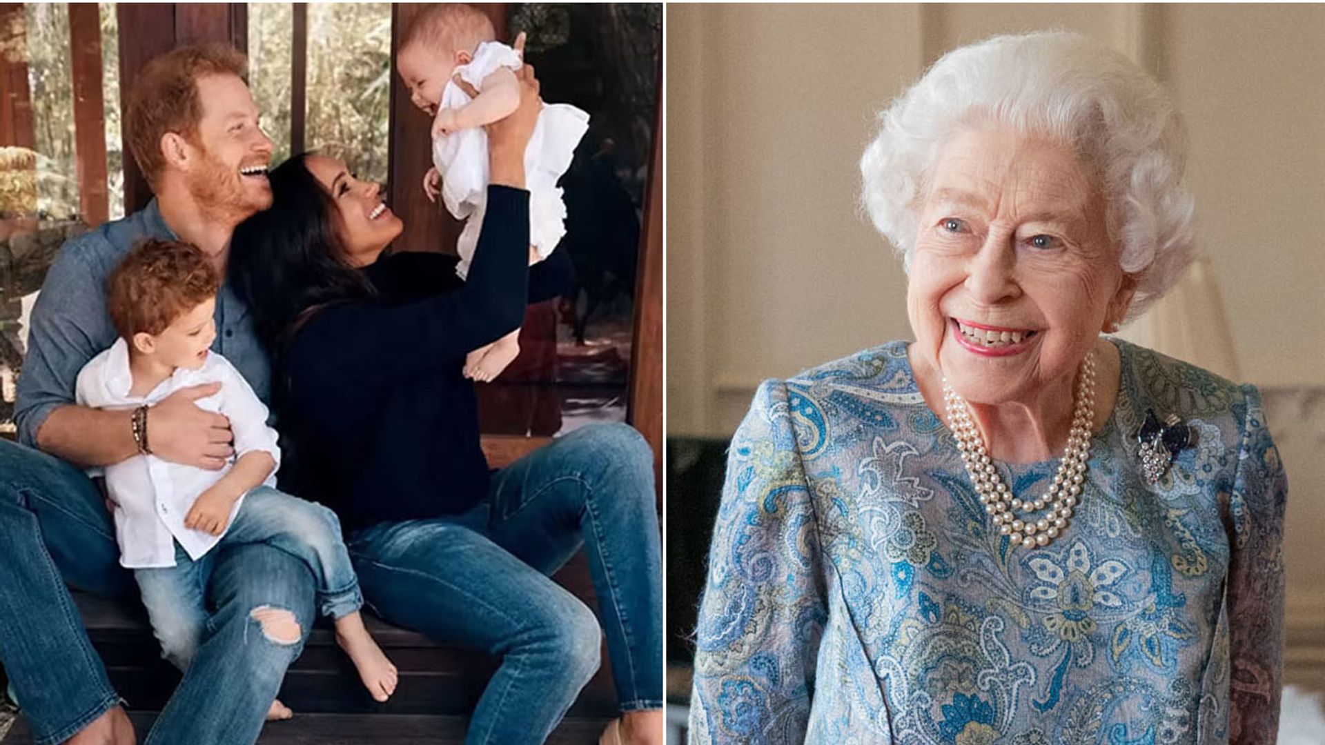 A split image of The Queen and the Sussex family