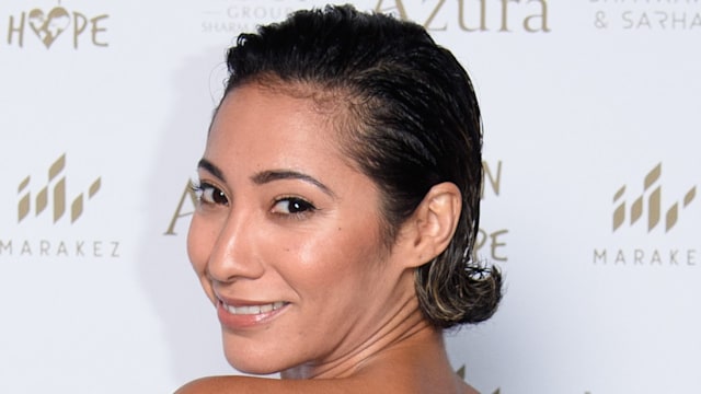 Karen Hauer smiling in strapless dress 