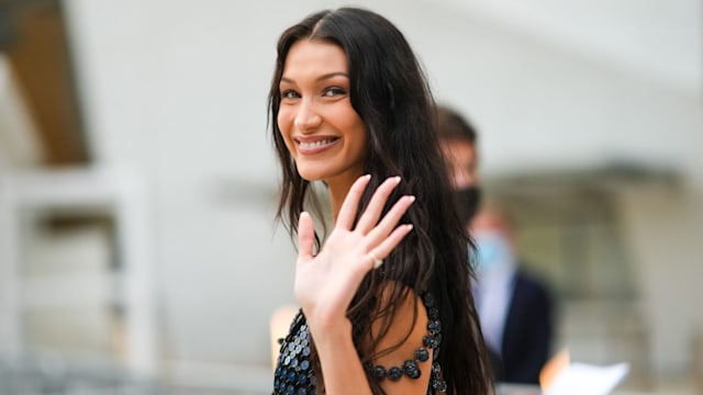 bella hadid in black beaded top