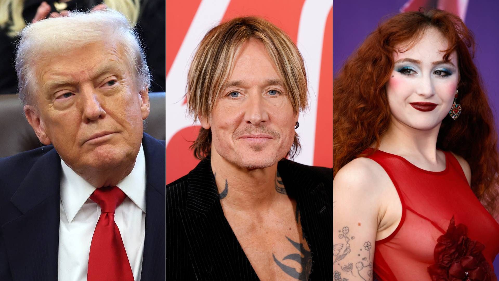 Keith Urban, Donald Trump and Chappell Roan split screen