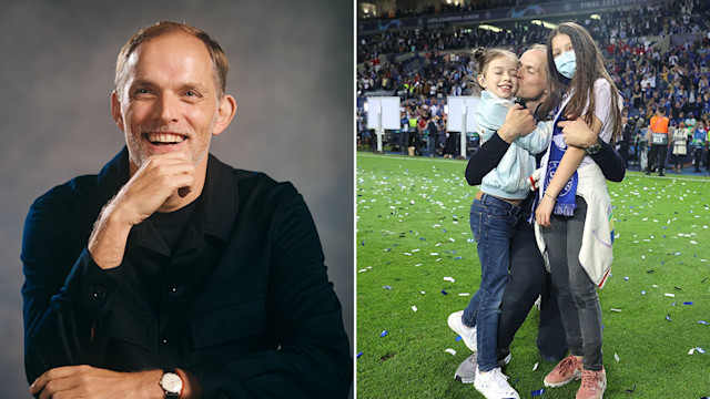 Split image of Thomas Tuchel posing and one where he embraces his daughters