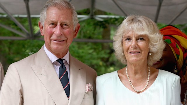 King Charles and Camilla looking serious in light coloured clothing